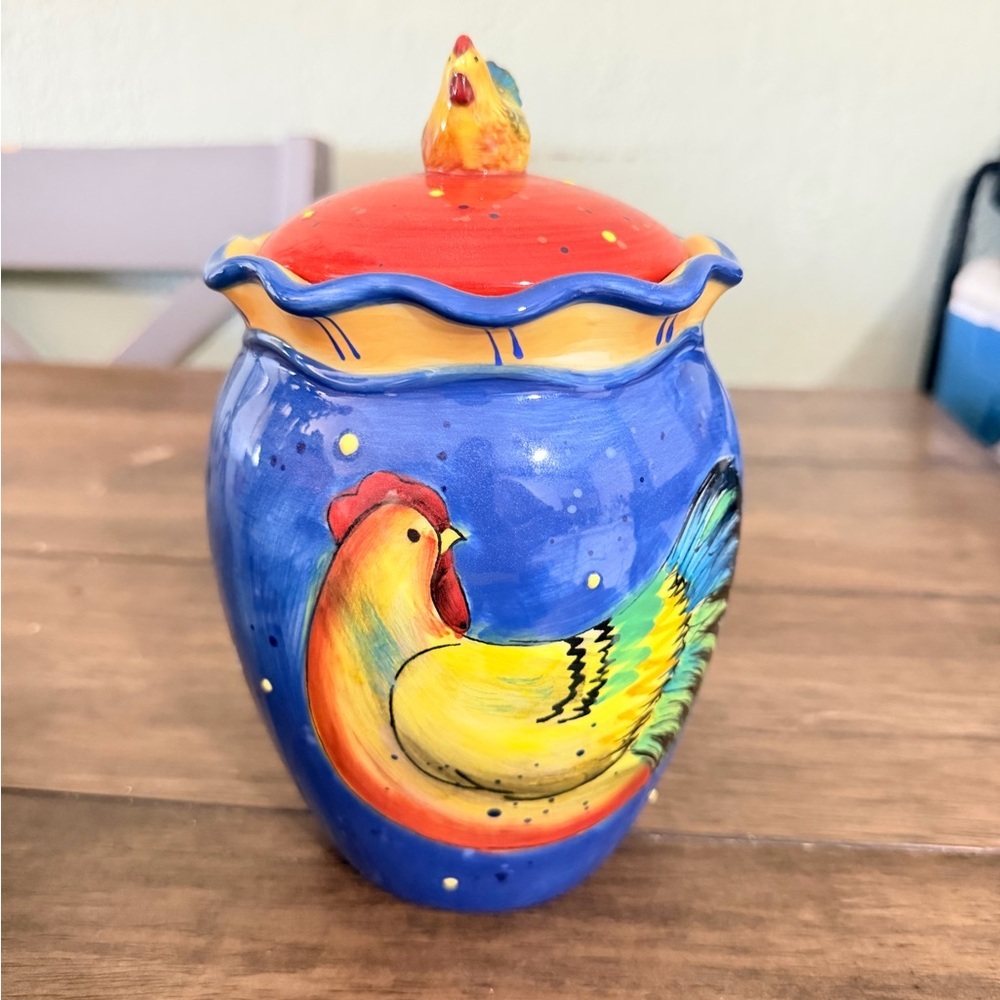 Vintage Rooster Cookie Jar Hand Painted Colorful Farmhouse Kitchen Decor